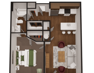 a 3d rendering of our 1 bedroom floor plan
