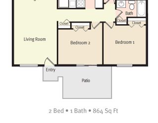 2D Floorplan of 2 Bedroom 1 Bath