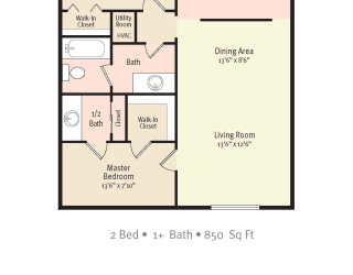 2D Floorplan of 2 Bedroom 1 Bath 850 sq ft