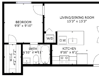 1 bed 1 bath floor plan K at The Eastern Apartments, Dallas, Texas