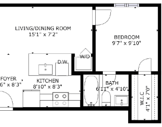 1 bed 1 bath floor plan L at The Eastern Apartments, Texas