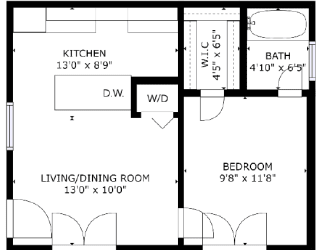 1 bed 1 bath floor plan N at The Eastern Apartments, Texas, 75204