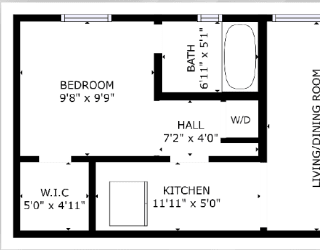 1 bed 1 bath floor plan A at The Eastern Apartments, Dallas, Texas