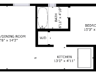 1 bed 1 bath floor plan B at The Eastern Apartments, Texas