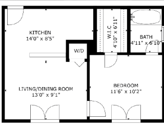 1 bed 1 bath floor plan C at The Eastern Apartments, Dallas, TX, 75204