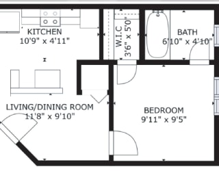 1 bed 1 bath floor plan D at The Eastern Apartments, Texas, 75204