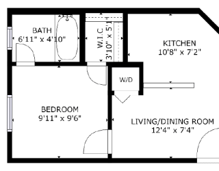 1 bed 1 bath floor plan E at The Eastern Apartments, Dallas