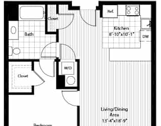A floor plan of a house with a bedroom, bath, kitchen, and living/dining area.