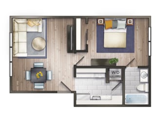 a floor plan of a bedroom with a bathroom and a living room
