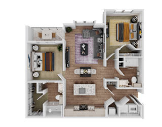 1 bed 1 bath A 3D floor plan of a house with a kitchen, living room, and two bedrooms. at Standard441 Luxury Apartment Homes, Florida, 32159