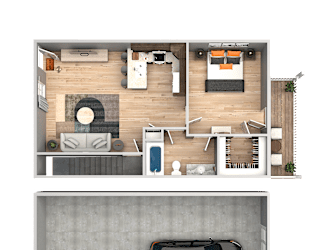 A top and bottom floor plan of a house with a car parked in the garage.