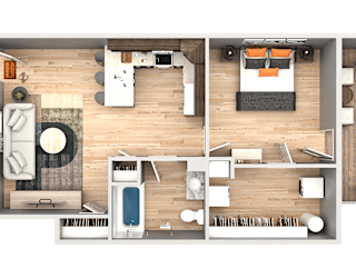 A top-down view of a living room, kitchen, and dining area.