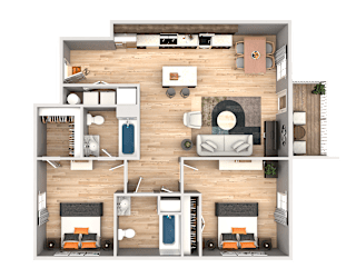 A top-down view of a house layout with a kitchen, living room, and two bedrooms.