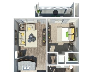 a stylized floor plan with a bedroom and a living room