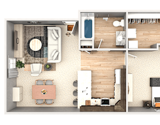 A 3D floor plan of a house showing a kitchen, living room, and bedrooms.