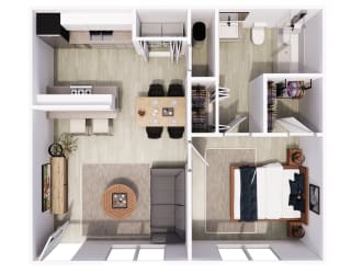a 1BR floor plan of a house with a bedroom and a living room