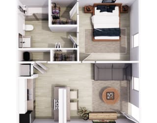 a 1 bedroom with a closet and a bathroom
