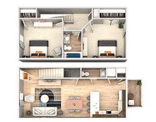 A top-down view of a two-story apartment with a living room, kitchen, and bedrooms.