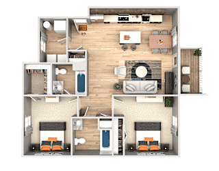 A top-down view of a house layout with two bedrooms, a living room, a kitchen, and a bathroom.