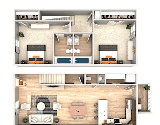 A top-down view of a two-bedroom apartment with a living room, kitchen, and bathroom.