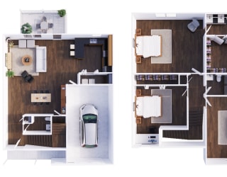 two floor plans of a house with a garage and a car