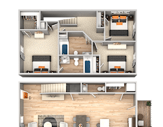 A top and bottom floor plan of a house with a living room, kitchen, and bedrooms.