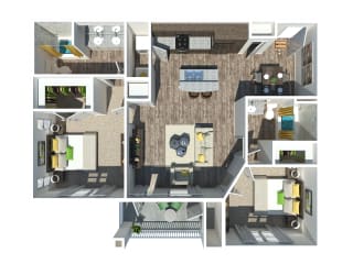 a 3d floor plan of a house with a bedroom and a living room