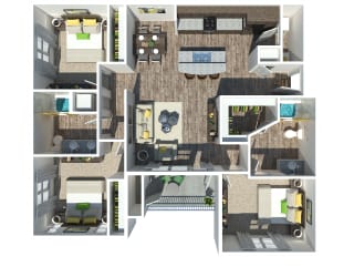 a 3d rendering of a furnished floor plan of a house