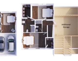 3x2 floor plan with a two car garage and additional storage.