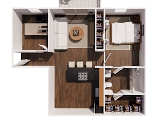 A top-down view of a small apartment with a kitchen, living room, and bedroom.