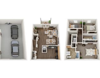 a stylized floor plan with a bedroom and a car