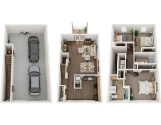 a stylized floor plan with a bedroom and a car