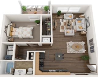 a 3d rendering of a bedroom with a wood floor
