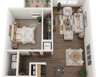 a rendering of the 1 bedroom floor plan with a bathroom and a living room