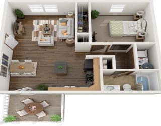 a 3d rendering of a floor plan with a bedroom and a living room