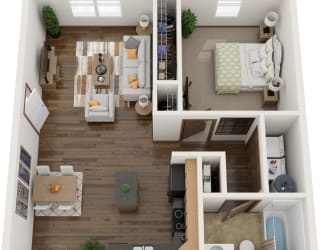 a 3d rendering of a floor plan with a bedroom and living room