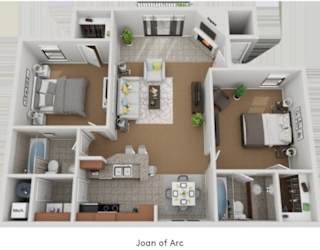 A 3D floor plan of a two-bedroom apartment named Joan of Arc.