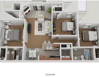 A 3D floor plan of a house layout.
