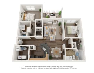 a 3d floor plan of a 3 bedroom apartment