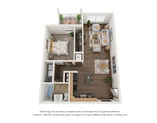 a stylized floor plan of a 1 bedroom apartment
