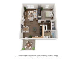 a stylized floor plan of a 1 bedroom apartment