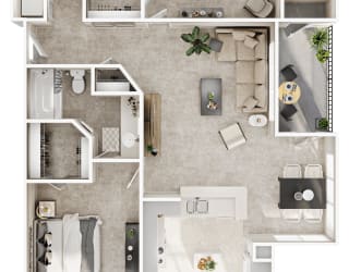 a 3d rendering of a floor plan with bedrooms and a living room