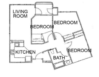 a floor plan of a house with three bedrooms and a bathroom
