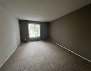 an empty room with brown walls and a window