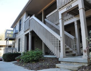 a view of the outside of a building with stairs