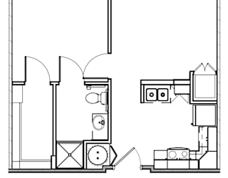 A black and white drawing of a floor plan with various rooms and objects.