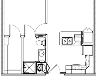 A black and white drawing of a floor plan with various rooms and objects.