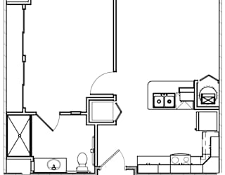 A black and white drawing of a floor plan with various rooms and objects.