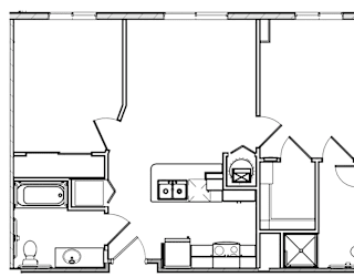 A black and white drawing of a house with a kitchen, living room, and bathroom.