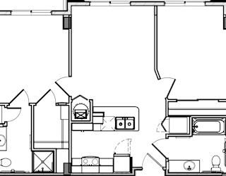 A black and white drawing of a house with a kitchen, living room, and bathroom.